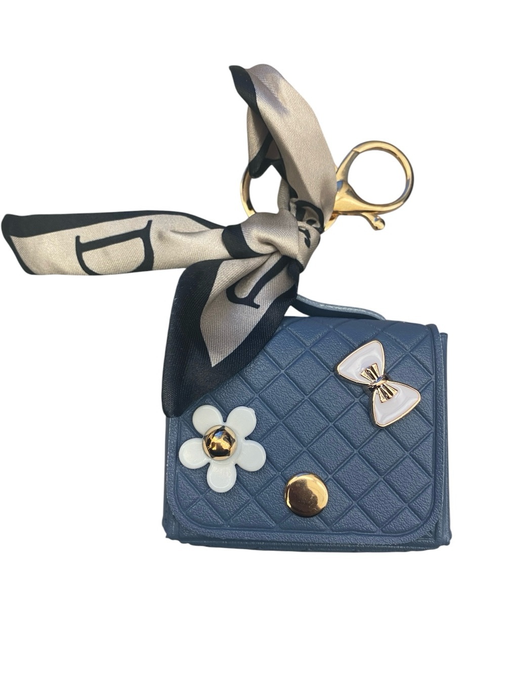 Airpod Holder Key Chain Blue Quilted Mini Wallet